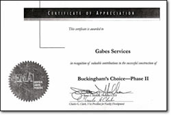 Buckinghams's Choice, Certificate of Appreciation - Gabe's Services Inc